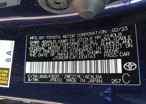 2023 Toyota Corolla Hybrid Le из США, поврежденный, VIN JTDBCMFE4PJ004163